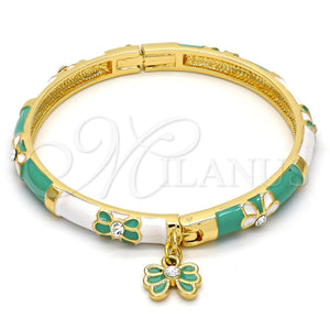 Aro Individual 07.254.0001.2.03 Oro Laminado, Diseño de Mariposa y Arco, con Blanca Cristal, Esmaltado Verde, Tono Dorado (06 MM Thickness, Size 3 (2.00 Diameter))