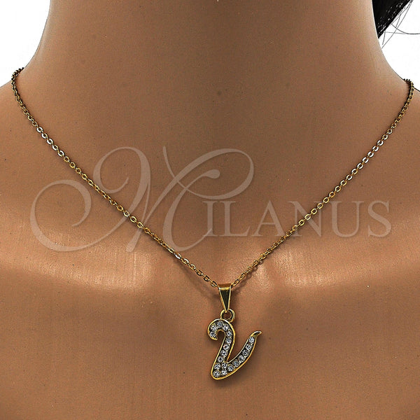 Collares con Dije 04.238.0028.1.18 Acero Inoxidable, Diseño de Iniciales y Rolo, con Blanca Cristal, Pulido, Tono Dorado (01 MM Thickness, 18 Inches Length)