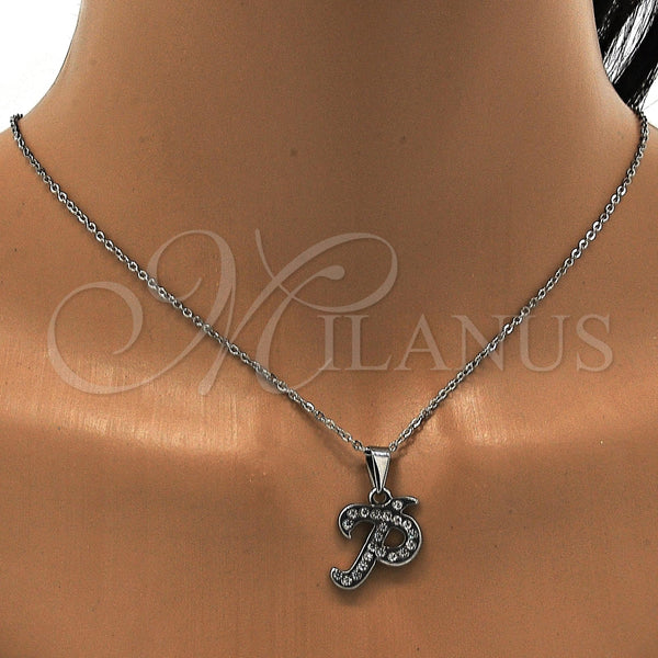 Collares con Dije 04.238.0025.18 Acero Inoxidable, Diseño de Iniciales y Rolo, con Blanca Cristal, Pulido, Tono Plateado (01 MM Thickness, 18 Inches Length)