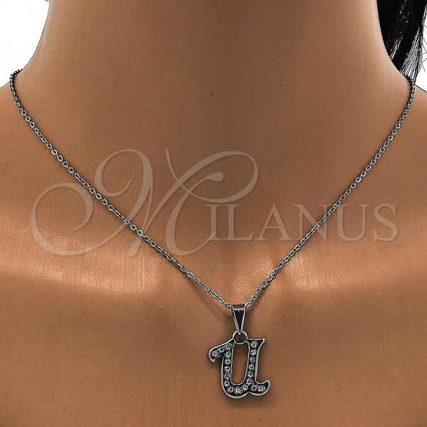 Collares con Dije 04.238.0027.18 Acero Inoxidable, Diseño de Iniciales y Rolo, con Blanca Cristal, Pulido, Tono Plateado (01 MM Thickness, 18 Inches Length)