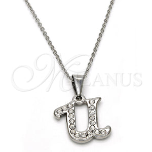 Collares con Dije 04.238.0027.18 Acero Inoxidable, Diseño de Iniciales y Rolo, con Blanca Cristal, Pulido, Tono Plateado (01 MM Thickness, 18 Inches Length)