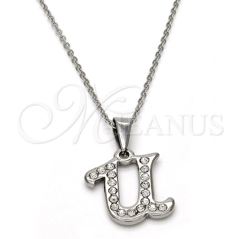 Collares con Dije 04.238.0027.18 Acero Inoxidable, Diseño de Iniciales y Rolo, con Blanca Cristal, Pulido, Tono Plateado (01 MM Thickness, 18 Inches Length)