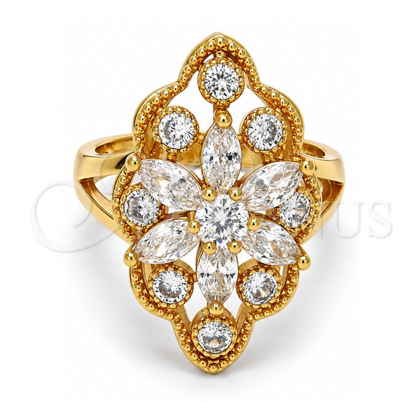 Anillo Multi Piedra 01.210.0015.09 Oro Laminado, Diseño de Flor, con Zirconia Cubica Blanca, Pulido, Tono Dorado (Tamaño 9)