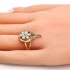 Anillo Multi Piedra 01.210.0010.09 Oro Laminado, Diseño de Flor y Gota, con Blanca Zirconia Cubica, Pulido, Tono Dorado (Size 9)