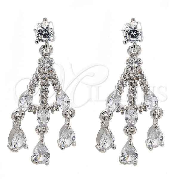 Arete Largo 02.206.0054.2 Rodio Laminado, Diseño de Gota, con Zirconia Cubica Blanca, Pulido, Rodinado