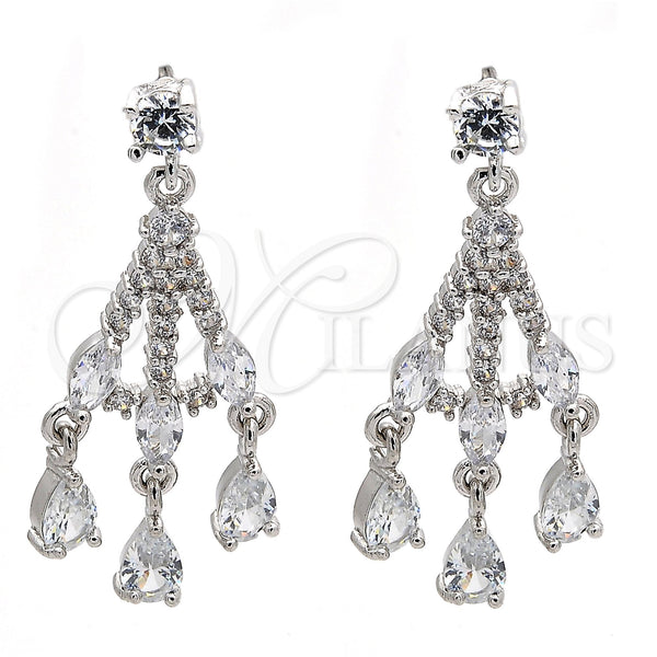 Arete Largo 02.206.0054.2 Rodio Laminado, Diseño de Gota, con Blanca Zirconia Cubica, Pulido, Rodinado