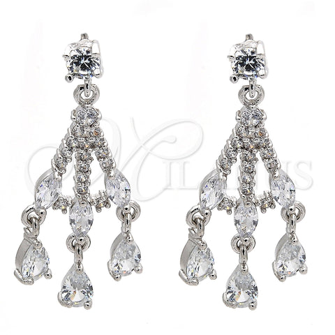 Arete Largo 02.206.0054.2 Rodio Laminado, Diseño de Gota, con Blanca Zirconia Cubica, Pulido, Rodinado