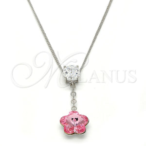 Collares con Dije 04.239.0048.16 Rodio Laminado, Diseño de Flor, con Swarovski Elements Light Rose y Zirconia Cubica Blanca, Pulido, Rodinado (Grosor 01 MM, 16 Pulgadas de Largo)