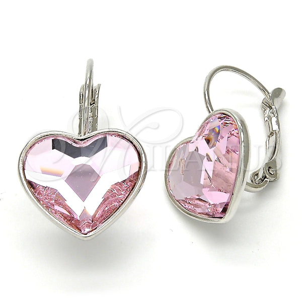 Arete Gancho Frances 02.239.0013.4 Rodio Laminado, Diseño de Corazón, con Swarovski Elements Light Rose, Pulido, Rodinado