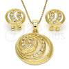 Juego de Arete y Dije de Adulto 10.160.0052 Oro Laminado, Diseño de Llave Griega, con Blanca Cristal, Pulido, Tono Dorado