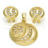 Juego de Arete y Dije de Adulto 10.160.0052 Oro Laminado, Diseño de Llave Griega, con Blanca Cristal, Pulido, Tono Dorado