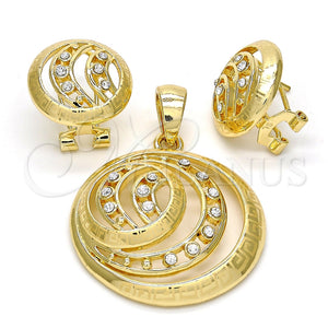 Juego de Arete y Dije de Adulto 10.160.0052 Oro Laminado, Diseño de Llave Griega, con Blanca Cristal, Pulido, Tono Dorado