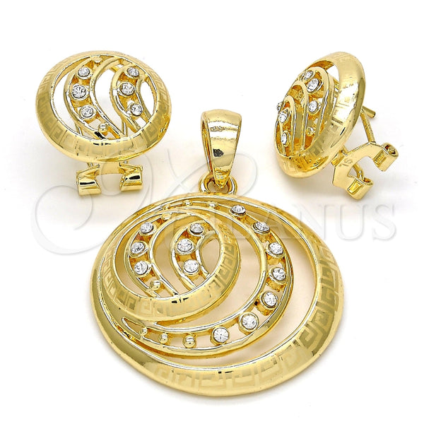 Juego de Arete y Dije de Adulto 10.160.0052 Oro Laminado, Diseño de Llave Griega, con Blanca Cristal, Pulido, Tono Dorado