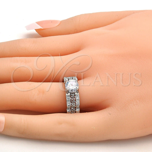 Anillo Multi Piedra 01.99.0051.1.07 Rodio Laminado, Diseño de Llave Griega, con Zirconia Cubica Blanca y Micro Pave Blanca, Pulido, Rodinado (Tamaño 7)