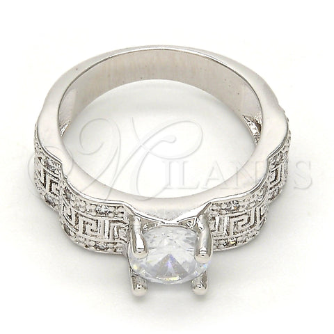 Anillo Multi Piedra 01.99.0051.1.08 Rodio Laminado, Diseño de Llave Griega, con Zirconia Cubica Blanca y Micro Pave Blanca, Pulido, Rodinado (Tamaño 8)