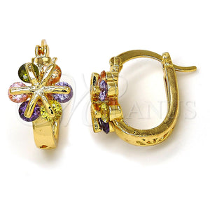 Argolla Pequeña 02.196.0002.2.15 Oro Laminado, Diseño de Flor, con Multicolor Zirconia Cubica, Pulido, Tono Dorado