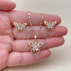 Juego de Arete y Dije de Adulto 10.196.0006 Oro Laminado, Diseño de Mariposa y Flor, con Zirconia Cubica Blanca, Pulido, Tono Dorado