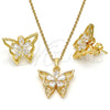 Juego de Arete y Dije de Adulto 10.196.0006 Oro Laminado, Diseño de Mariposa y Flor, con Zirconia Cubica Blanca, Pulido, Tono Dorado
