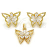 Juego de Arete y Dije de Adulto 10.196.0006 Oro Laminado, Diseño de Mariposa y Flor, con Zirconia Cubica Blanca, Pulido, Tono Dorado