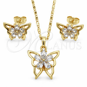 Juego de Arete y Dije de Adulto 10.196.0006 Oro Laminado, Diseño de Mariposa y Flor, con Zirconia Cubica Blanca, Pulido, Tono Dorado