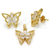 Juego de Arete y Dije de Adulto 10.196.0006 Oro Laminado, Diseño de Mariposa y Flor, con Zirconia Cubica Blanca, Pulido, Tono Dorado