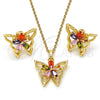Juego de Arete y Dije de Adulto 10.196.0006.1 Oro Laminado, Diseño de Mariposa y Flor, con Zirconia Cubica Multicolor, Pulido, Tono Dorado