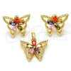 Juego de Arete y Dije de Adulto 10.196.0006.1 Oro Laminado, Diseño de Mariposa y Flor, con Zirconia Cubica Multicolor, Pulido, Tono Dorado