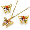Juego de Arete y Dije de Adulto 10.196.0006.1 Oro Laminado, Diseño de Mariposa y Flor, con Zirconia Cubica Multicolor, Pulido, Tono Dorado