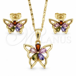 Juego de Arete y Dije de Adulto 10.196.0006.1 Oro Laminado, Diseño de Mariposa y Flor, con Zirconia Cubica Multicolor, Pulido, Tono Dorado