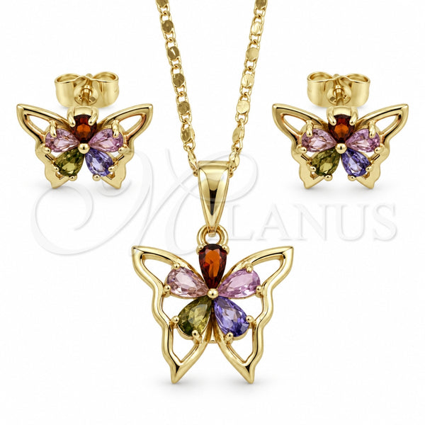 Juego de Arete y Dije de Adulto 10.196.0006.1 Oro Laminado, Diseño de Mariposa y Flor, con Zirconia Cubica Multicolor, Pulido, Tono Dorado