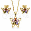 Juego de Arete y Dije de Adulto 10.196.0006.1 Oro Laminado, Diseño de Mariposa y Flor, con Zirconia Cubica Multicolor, Pulido, Tono Dorado