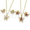 Juego de Arete y Dije de Adulto 10.196.0006.1 Oro Laminado, Diseño de Mariposa y Flor, con Zirconia Cubica Multicolor, Pulido, Tono Dorado