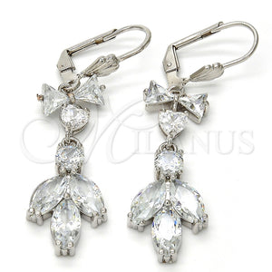 Arete Largo 02.205.0055.5 Rodio Laminado, Diseño de Oja y Corazón, con Zirconia Cubica Blanca, Pulido, Rodinado