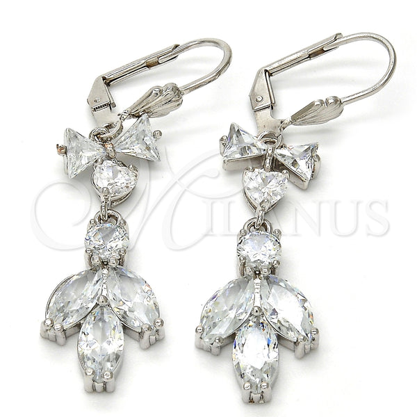 Arete Largo 02.205.0055.5 Rodio Laminado, Diseño de Oja y Corazón, con Zirconia Cubica Blanca, Pulido, Rodinado