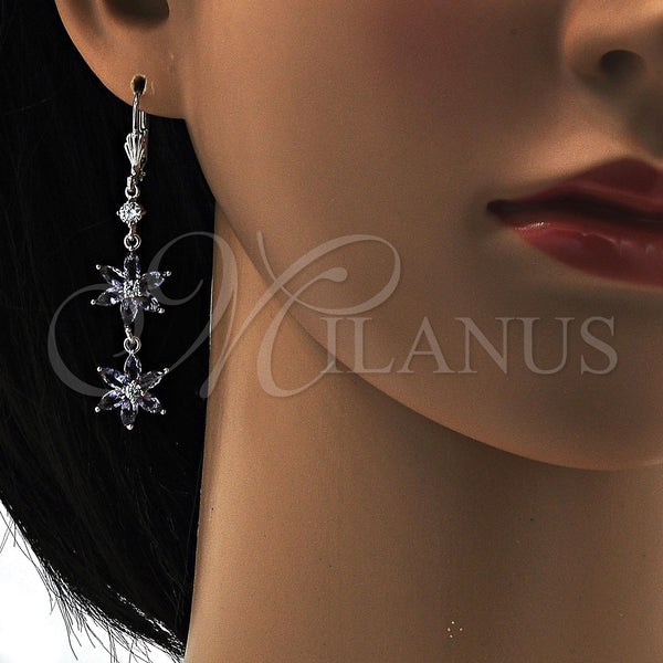 Arete Largo 02.205.0058.7 Rodio Laminado, Diseño de Flor, con Zirconia Cubica Amatista y Blanca, Pulido, Rodinado