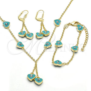 Juego de Arete y Dije de Nino 06.60.0003 Oro Laminado, Diseño de Corazón, con Blanca Cristal, Esmaltado Turquesa, Tono Dorado