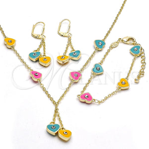 Juego de Arete y Dije de Nino 06.60.0003.4 Oro Laminado, Diseño de Corazón, con Blanca Cristal, Esmaltado Multicolor, Tono Dorado