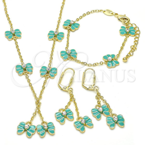 Juego de Arete y Dije de Nino 06.60.0004 Oro Laminado, Diseño de Mariposa, con Blanca Cristal, Esmaltado Turquesa, Tono Dorado