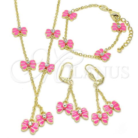 Juego de Arete y Dije de Nino 06.60.0004.1 Oro Laminado, Diseño de Mariposa, con Blanca Cristal, Esmaltado Rosado, Tono Dorado