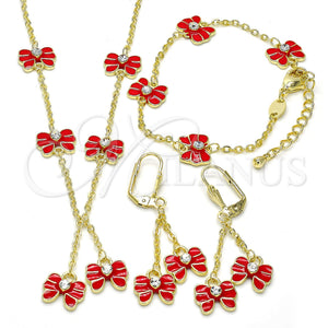 Juego de Arete y Dije de Nino 06.60.0004.3 Oro Laminado, Diseño de Mariposa, con Blanca Cristal, Esmaltado Rojo, Tono Dorado