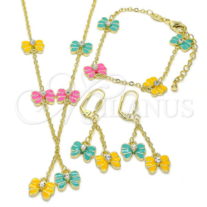 Juego de Arete y Dije de Nino 06.60.0004.4 Oro Laminado, Diseño de Mariposa, con Blanca Cristal, Esmaltado Multicolor, Tono Dorado