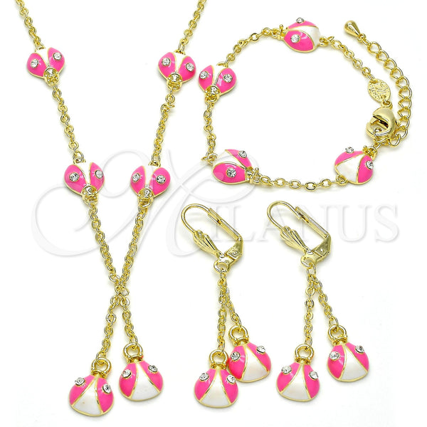 Juego de Arete y Dije de Nino 06.60.0005.1 Oro Laminado, Diseño de Mariquita, con Blanca Cristal, Esmaltado Rosado, Tono Dorado