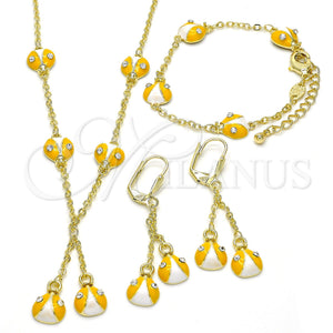 Juego de Arete y Dije de Nino 06.60.0005.2 Oro Laminado, Diseño de Mariquita, con Blanca Cristal, Esmaltado Amarillo, Tono Dorado