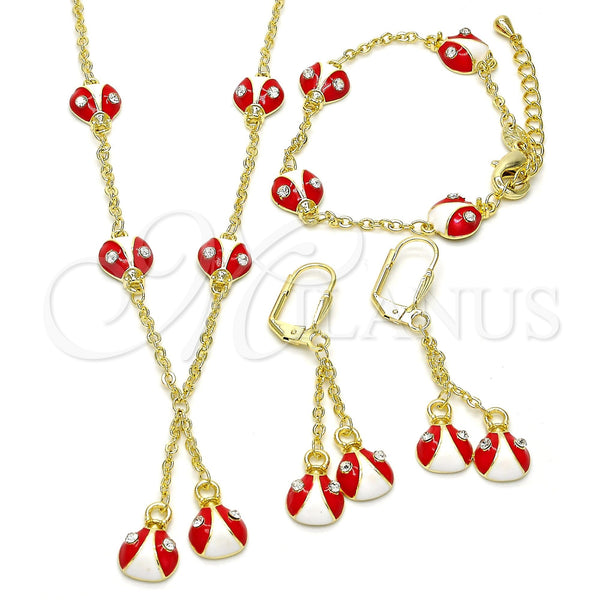 Juego de Arete y Dije de Nino 06.60.0005.3 Oro Laminado, Diseño de Mariquita, con Blanca Cristal, Esmaltado Rojo, Tono Dorado