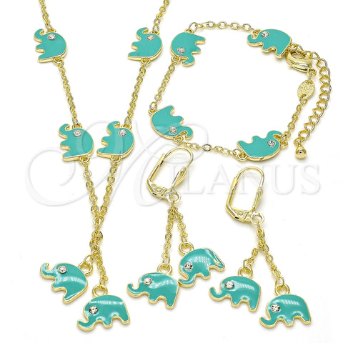 Juego de Arete y Dije de Nino 06.60.0006 Oro Laminado, Diseño de Elefante, con Blanca Cristal, Esmaltado Turquesa, Tono Dorado