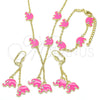 Juego de Arete y Dije de Nino 06.60.0006.1 Oro Laminado, Diseño de Elefante, con Blanca Cristal, Esmaltado Rosado, Tono Dorado