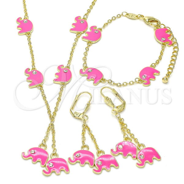 Juego de Arete y Dije de Nino 06.60.0006.1 Oro Laminado, Diseño de Elefante, con Blanca Cristal, Esmaltado Rosado, Tono Dorado