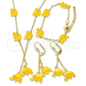 Juego de Arete y Dije de Nino 06.60.0006.2 Oro Laminado, Diseño de Elefante, con Blanca Cristal, Esmaltado Amarillo, Tono Dorado