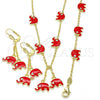 Juego de Arete y Dije de Nino 06.60.0006.3 Oro Laminado, Diseño de Elefante, con Blanca Cristal, Esmaltado Rojo, Tono Dorado