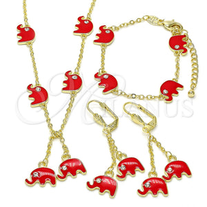 Juego de Arete y Dije de Nino 06.60.0006.3 Oro Laminado, Diseño de Elefante, con Blanca Cristal, Esmaltado Rojo, Tono Dorado